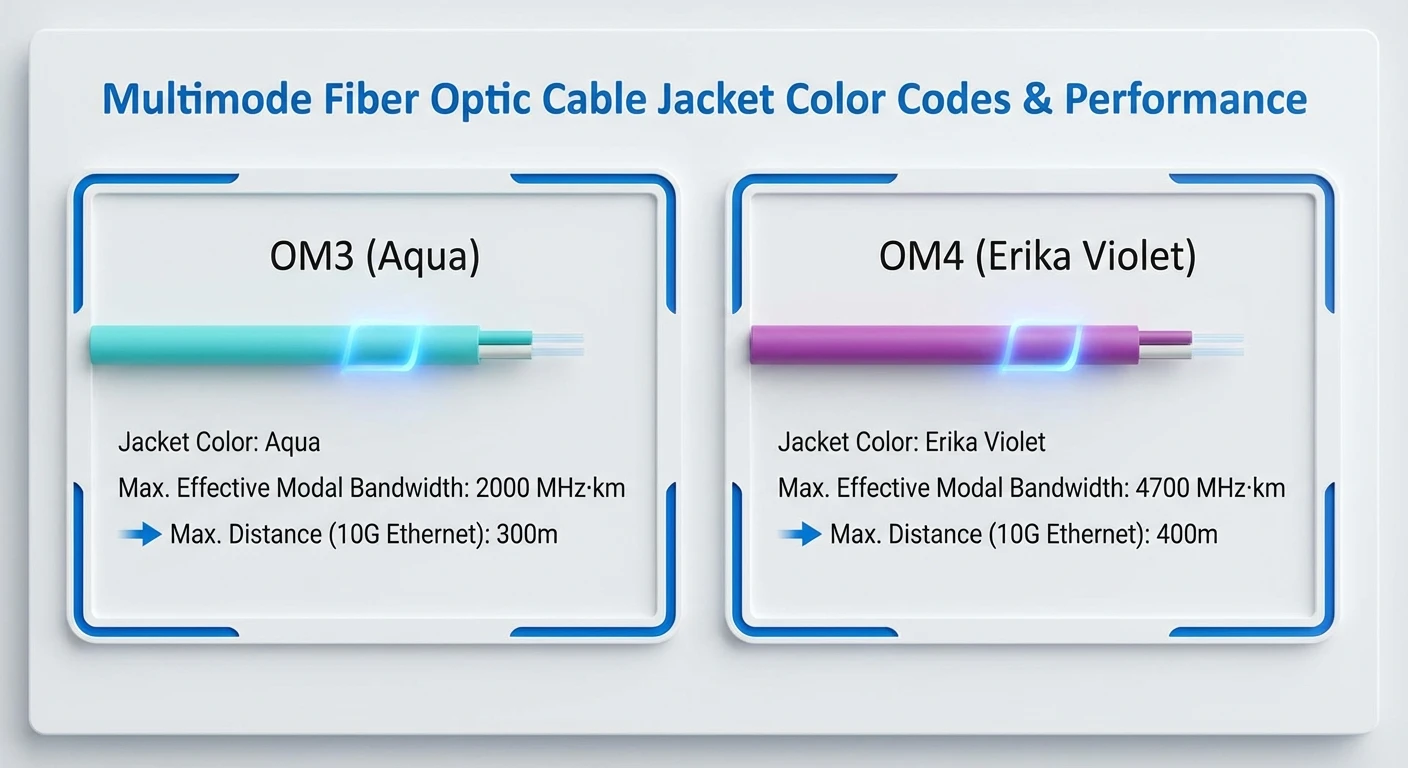 OM3 vs OM4 fiber optic jacket color codes
