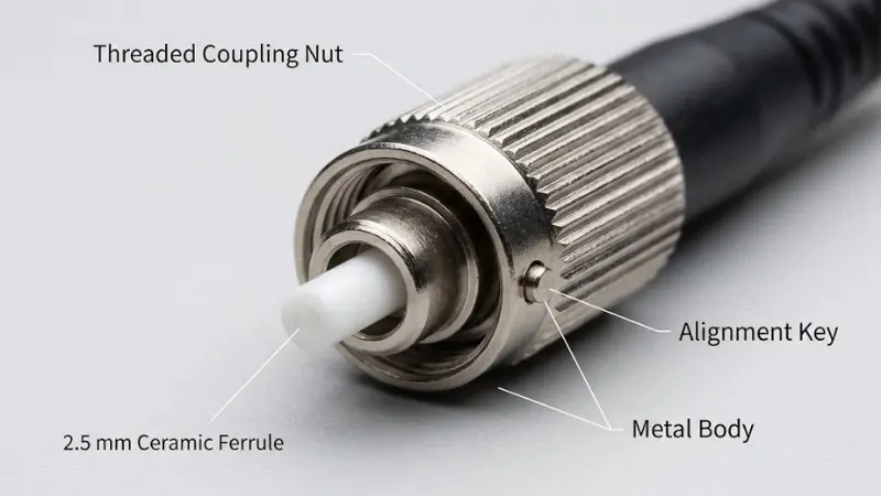 Close-up of FC fiber optic connector showing threaded coupling nut, ceramic ferrule, and alignment key. Close-up of FC fiber optic connector showing threaded coupling nut, ceramic ferrule, and alignment key.