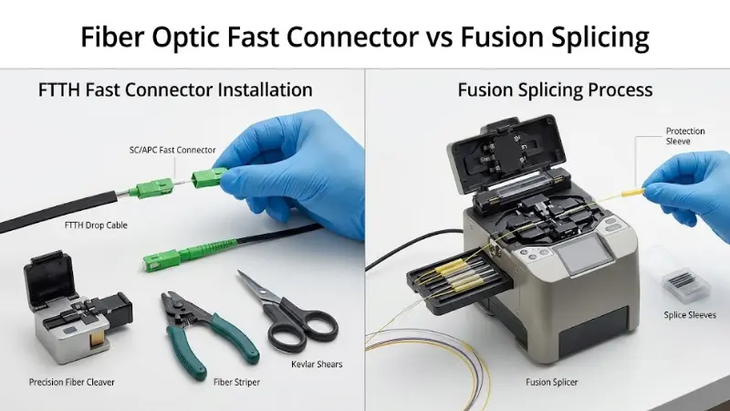 Fiber optic fast connector vs fusion splicing comparison for FTTH and field installationnd field installation Fiber optic fast connector vs fusion splicing comparison for FTTH and field installationnd field installation